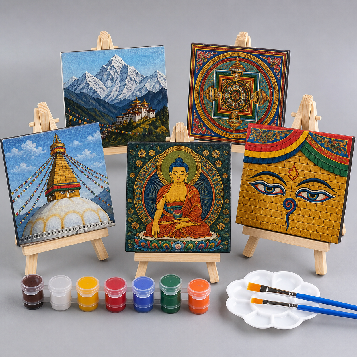 Handcrafted Nepali Mini Canvas Paintings with Wooden Stands