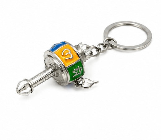 Colorful Tibetan Prayer Wheel Keychain – Mini Buddhist Spiritual Key Ring with Mantra