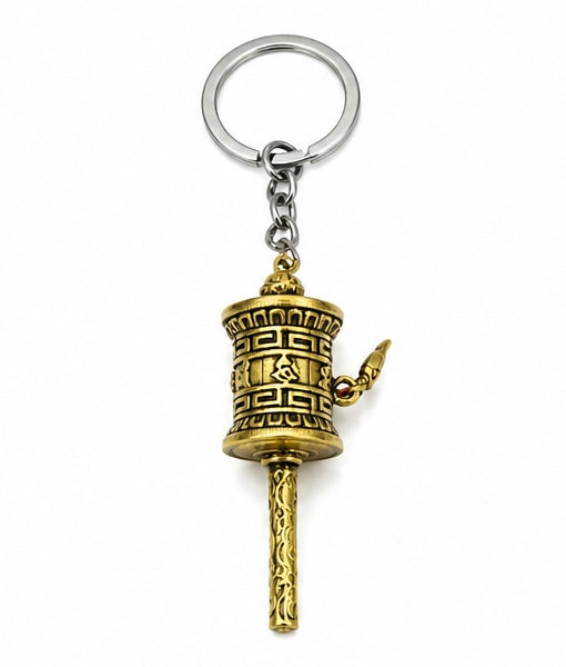 Antique Gold Tibetan Prayer Wheel Keychain – Handmade Buddhist Spiritual Key Ring