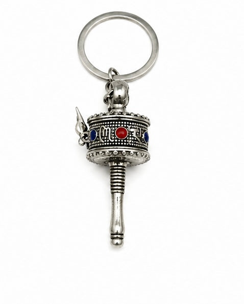 Mini Tibetan Prayer Wheel Keychain – Silver Buddhist Spiritual Key Ring with Mantra