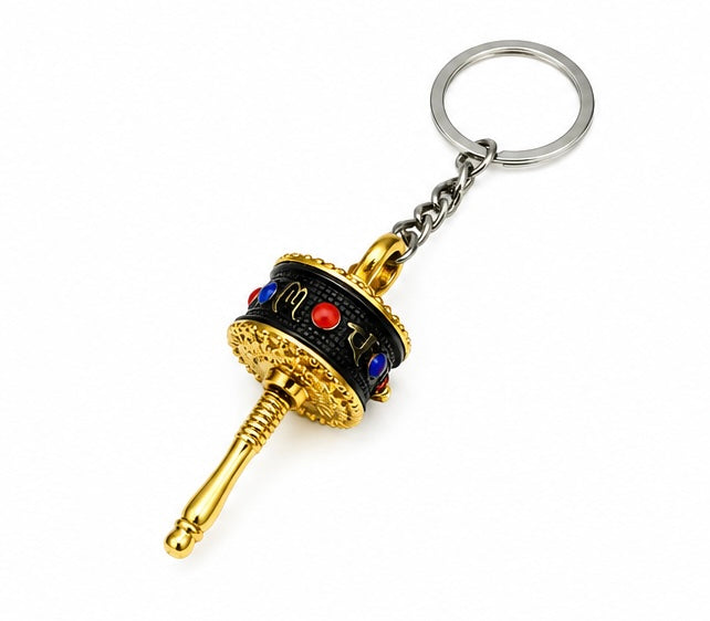 Gold & Black Tibetan Prayer Wheel Keychain – Mini Buddhist Spiritual Key Ring