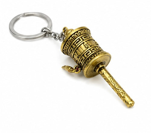 Antique Gold Tibetan Prayer Wheel Keychain – Handmade Buddhist Spiritual Key Ring