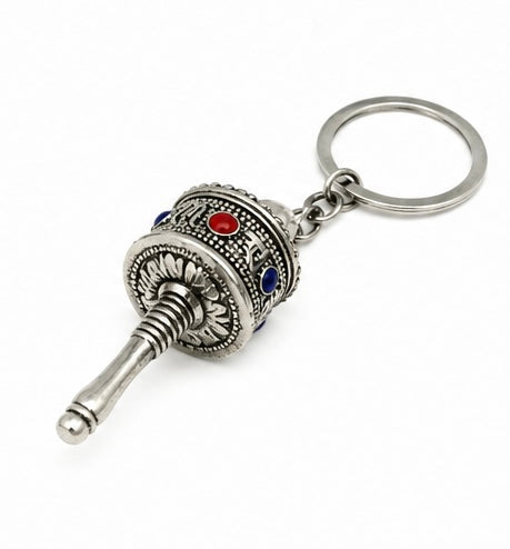 Mini Tibetan Prayer Wheel Keychain – Silver Buddhist Spiritual Key Ring with Mantra