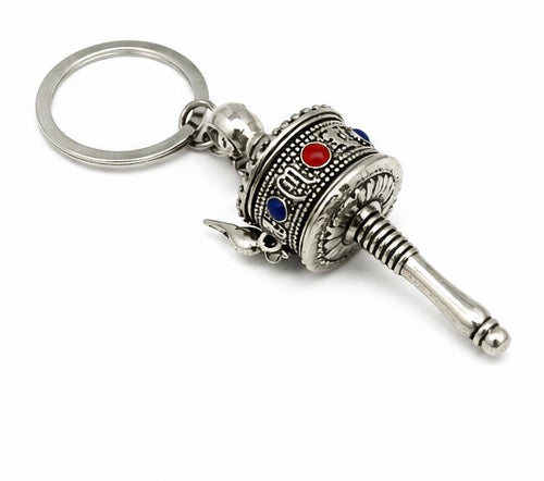 Mini Tibetan Prayer Wheel Keychain – Silver Buddhist Spiritual Key Ring with Mantra