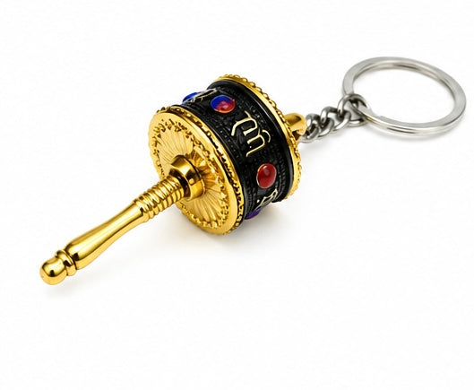 Gold & Black Tibetan Prayer Wheel Keychain – Mini Buddhist Spiritual Key Ring
