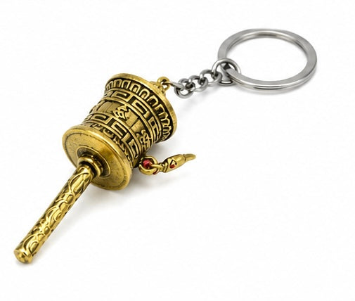 Antique Gold Tibetan Prayer Wheel Keychain – Handmade Buddhist Spiritual Key Ring
