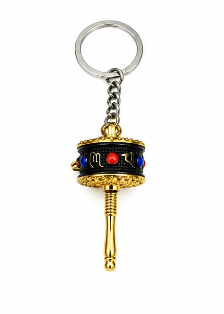 Gold & Black Tibetan Prayer Wheel Keychain – Mini Buddhist Spiritual Key Ring