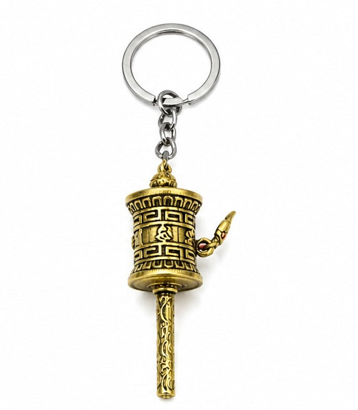 Antique Gold Tibetan Prayer Wheel Keychain – Handmade Buddhist Spiritual Key Ring