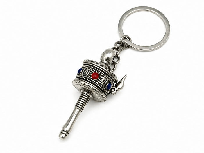 Mini Tibetan Prayer Wheel Keychain – Silver Buddhist Spiritual Key Ring with Mantra