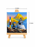 Hand-Painted Himalayan Mountain Mini Canvas Art – Stupa & Trekking Scene (2.5 x 3.5 Inches)