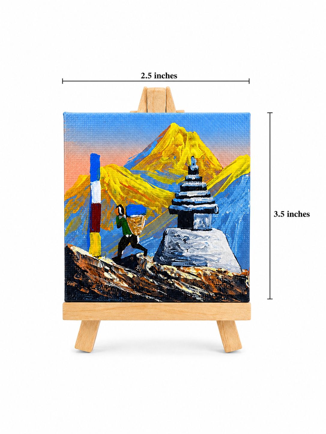 Hand-Painted Himalayan Mountain Mini Canvas Art – Stupa & Trekking Scene (2.5 x 3.5 Inches)