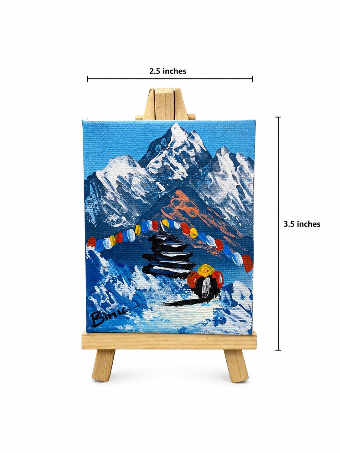 Mini Himalayan Mountain Canvas Painting with Prayer Flags & Stupa – Handmade Nepal Art (2.5 x 3.5 Inches)