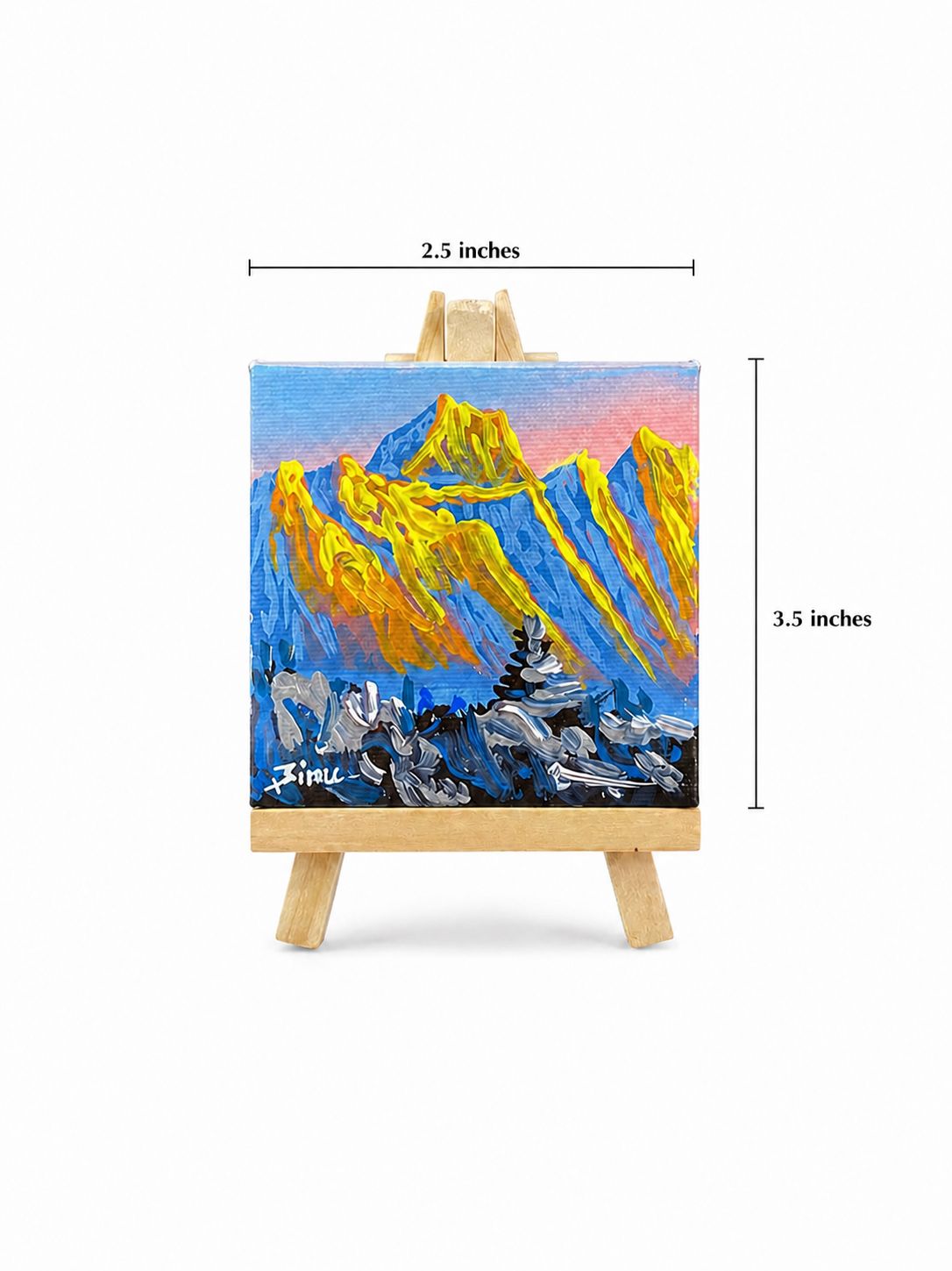 Mini Himalayan Sunset Mountain Canvas Painting – Golden Peaks Art (2.5 x 3.5 Inches)