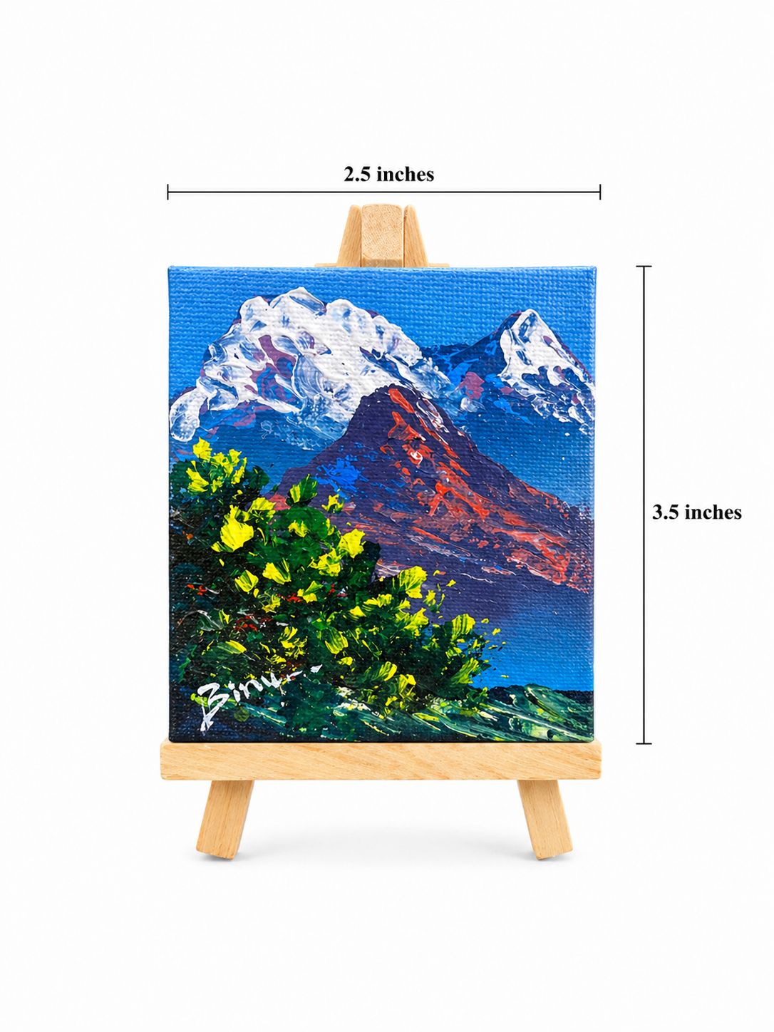 Mini Himalayan Landscape Canvas Painting – Snow Mountains & Nature Art (2.5 x 3.5 Inches)