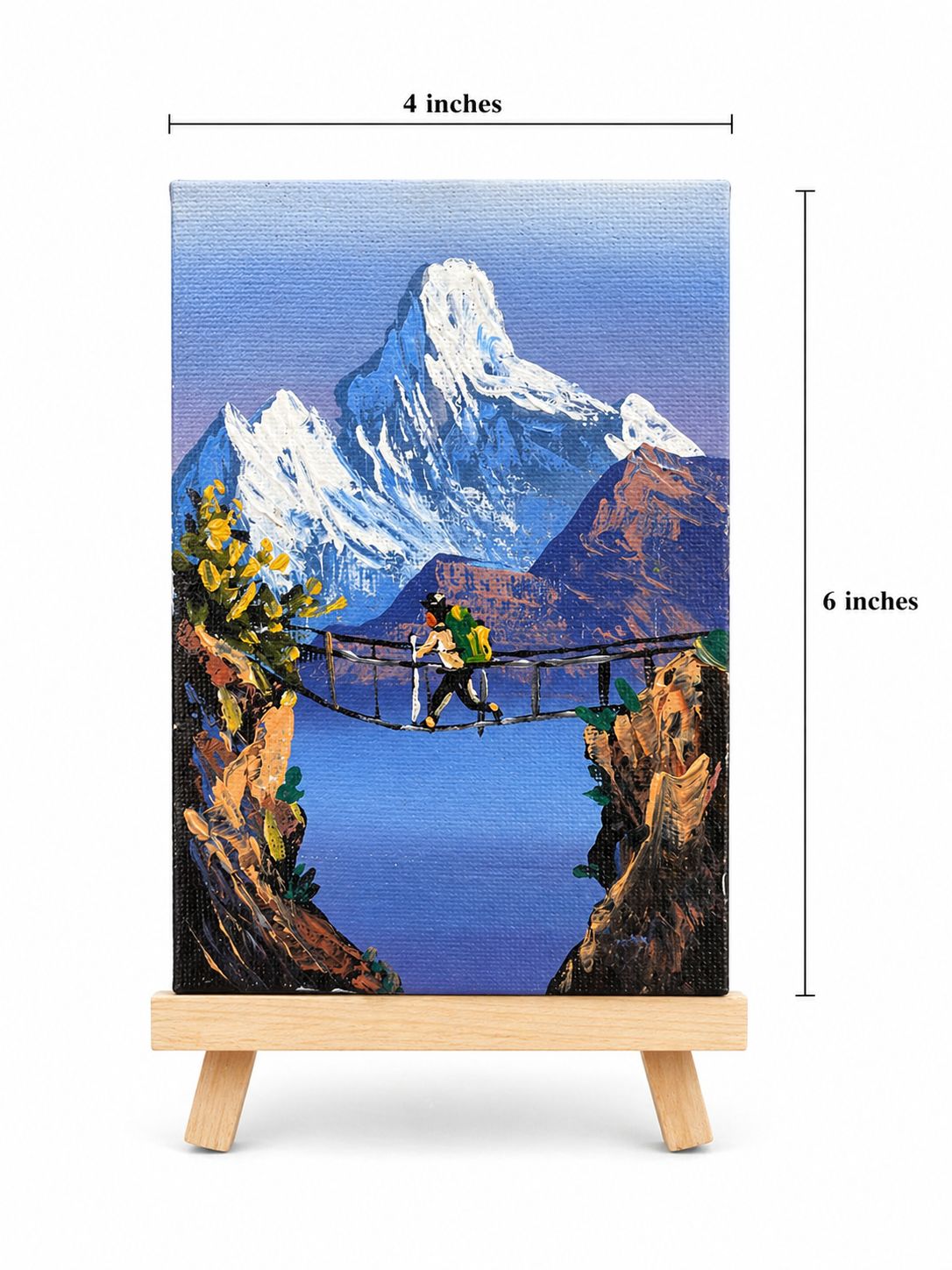 Himalayan Suspension Bridge Canvas Painting – Trekking Adventure Art (4 x 6 Inches)