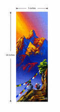 Vertical Himalayan Sunset Mountain Painting with Prayer Flags – Handmade Nepal Art (5 x 14 Inches)