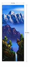 Vertical Himalayan Mountain Waterfall Painting – Handmade Nepal Landscape Art (10 x 22 Inches)