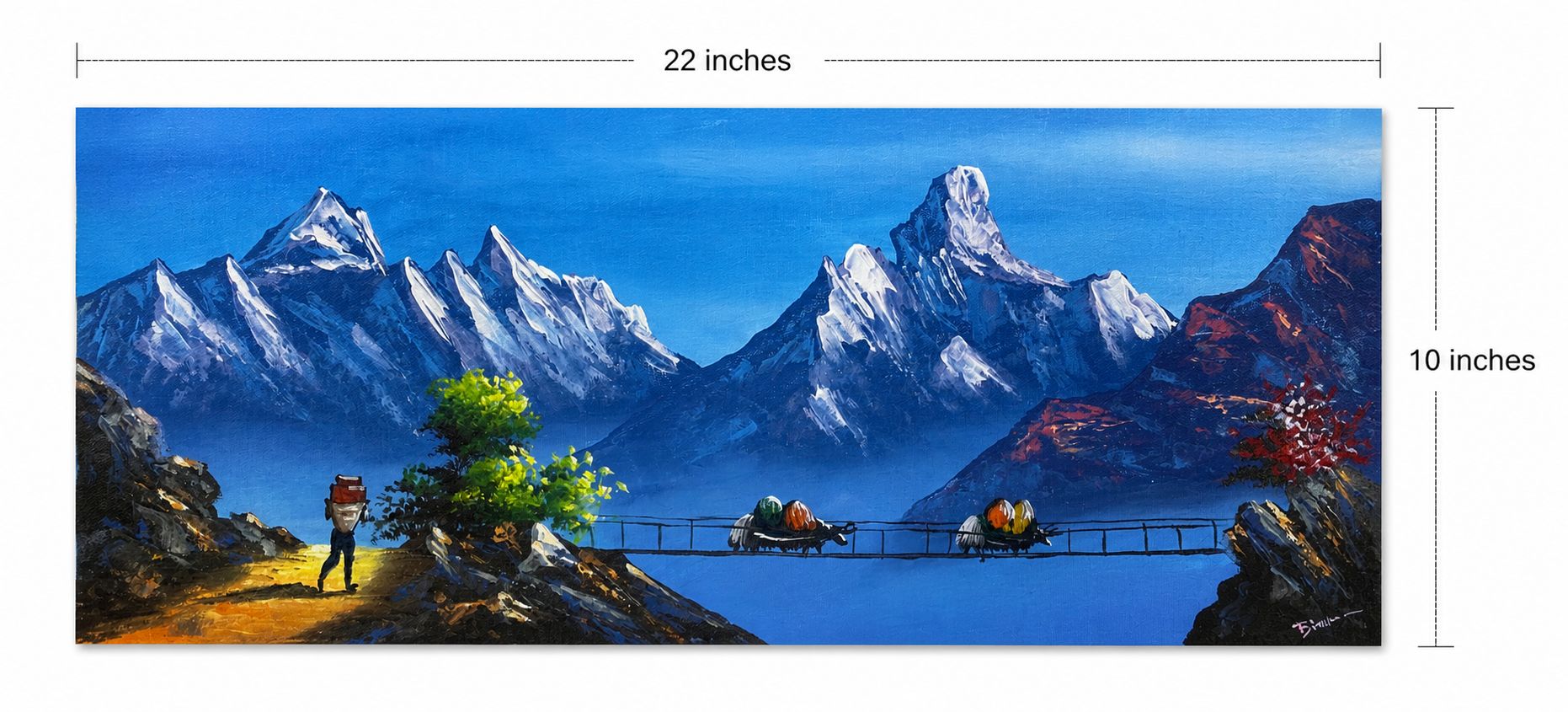 Himalayan Mountain Landscape Painting with Suspension Bridge – Handmade Nepal Art (22 x 10 Inches)
